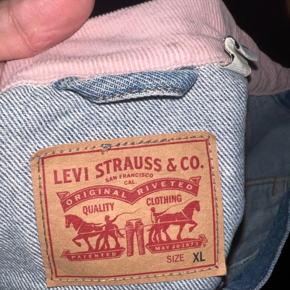 LEVI’S Denim Original Jacket Womens Xlarge Classic medium blue pink collars cuff - Picture 7 of 10